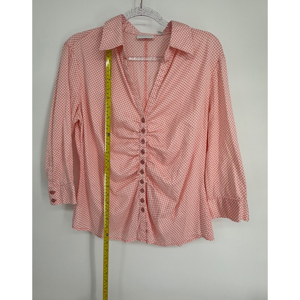 New York & Company Womens Coral Polka Dot Ruched V-Neck 3/4 Sleeve Shirt Sz XL - Picture 2 of 10